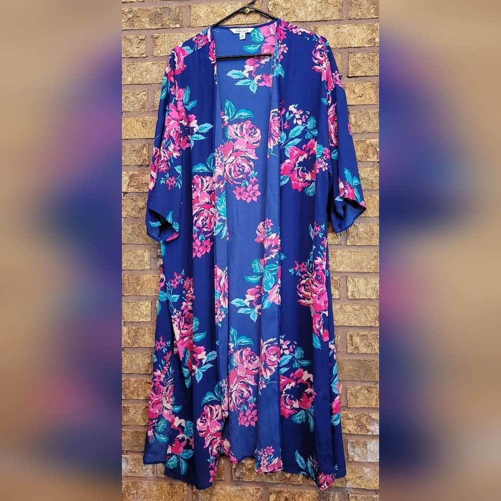 The Pioneer Woman Navy Floral Kimono Cardigan with Pink Roses Size S/M